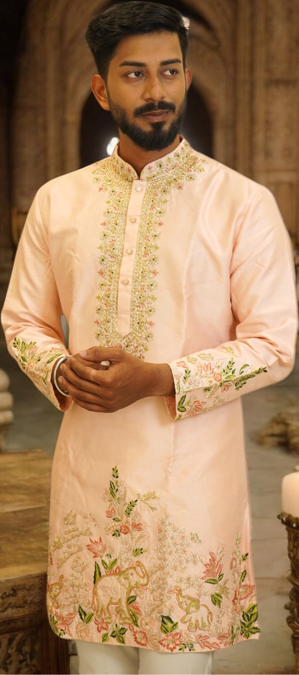 Pastel Peach Designer Kurta & Ponam Pant Set