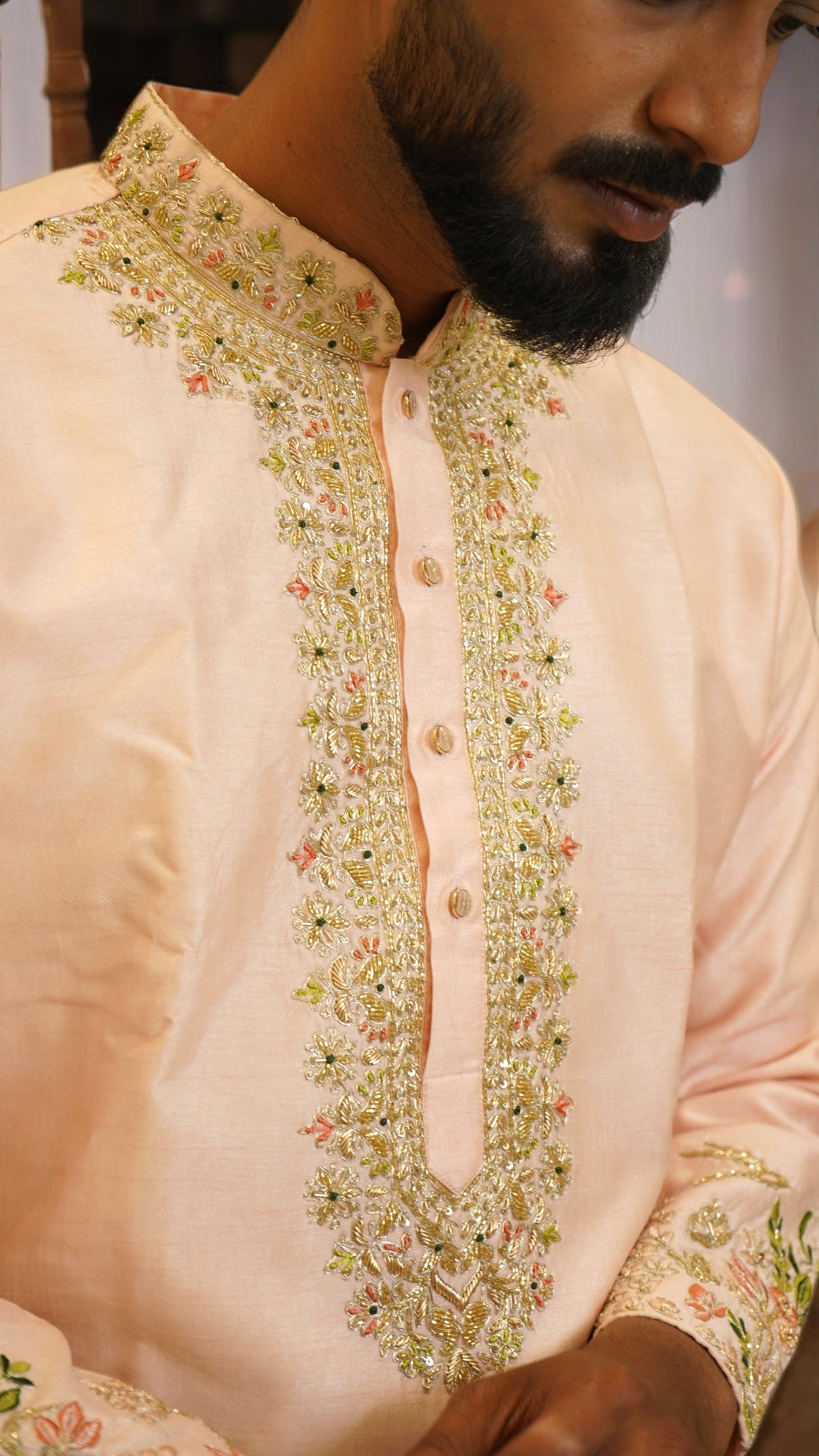Pastel Peach Designer Kurta & Ponam Pant Set