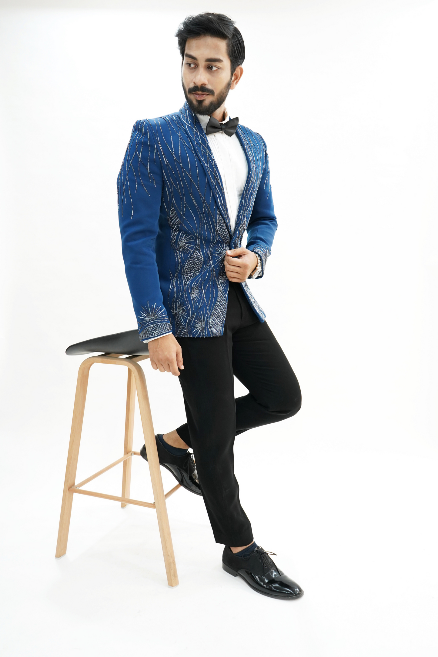 Persian Blue Wool Crepe 2-Piece Tuxedo with Cutdana Work