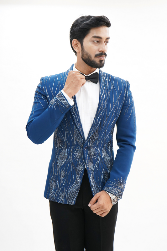 Persian Blue Wool Crepe 2-Piece Tuxedo with Cutdana Work