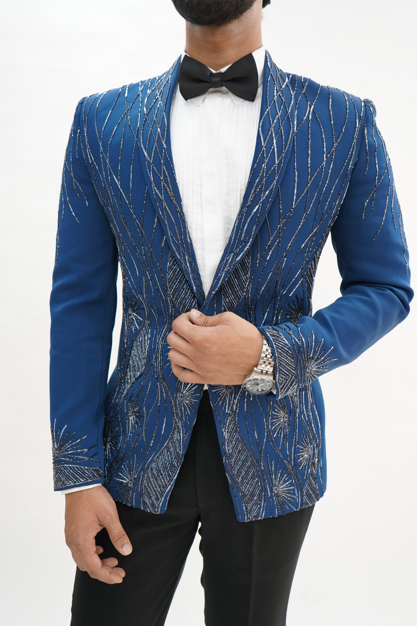 Persian Blue Wool Crepe 2-Piece Tuxedo with Cutdana Work