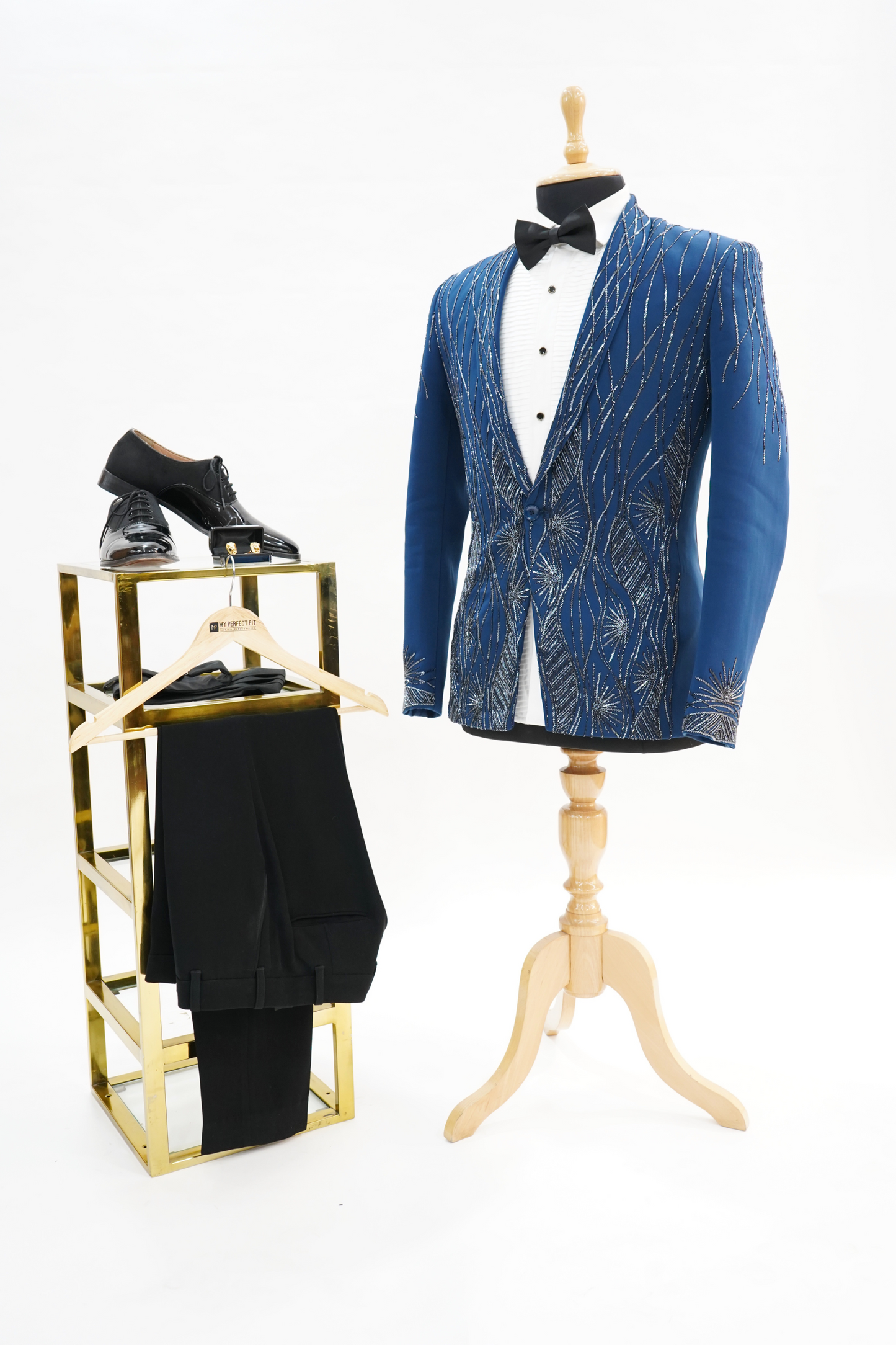 Persian Blue Wool Crepe 2-Piece Tuxedo with Cutdana Work