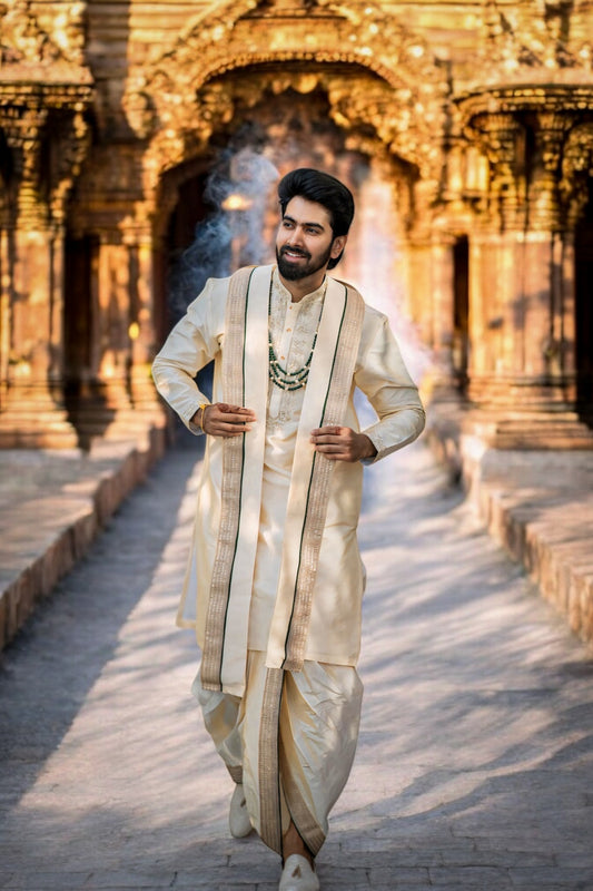 Cream Pattu Pancha with Zari work on neck and cuffs with contrast piping on border