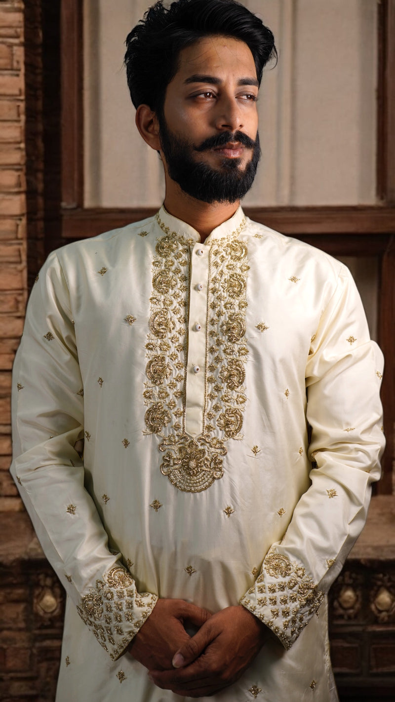 Cream Heavy all Over Embroidered Pure Pattu Kurta-Set