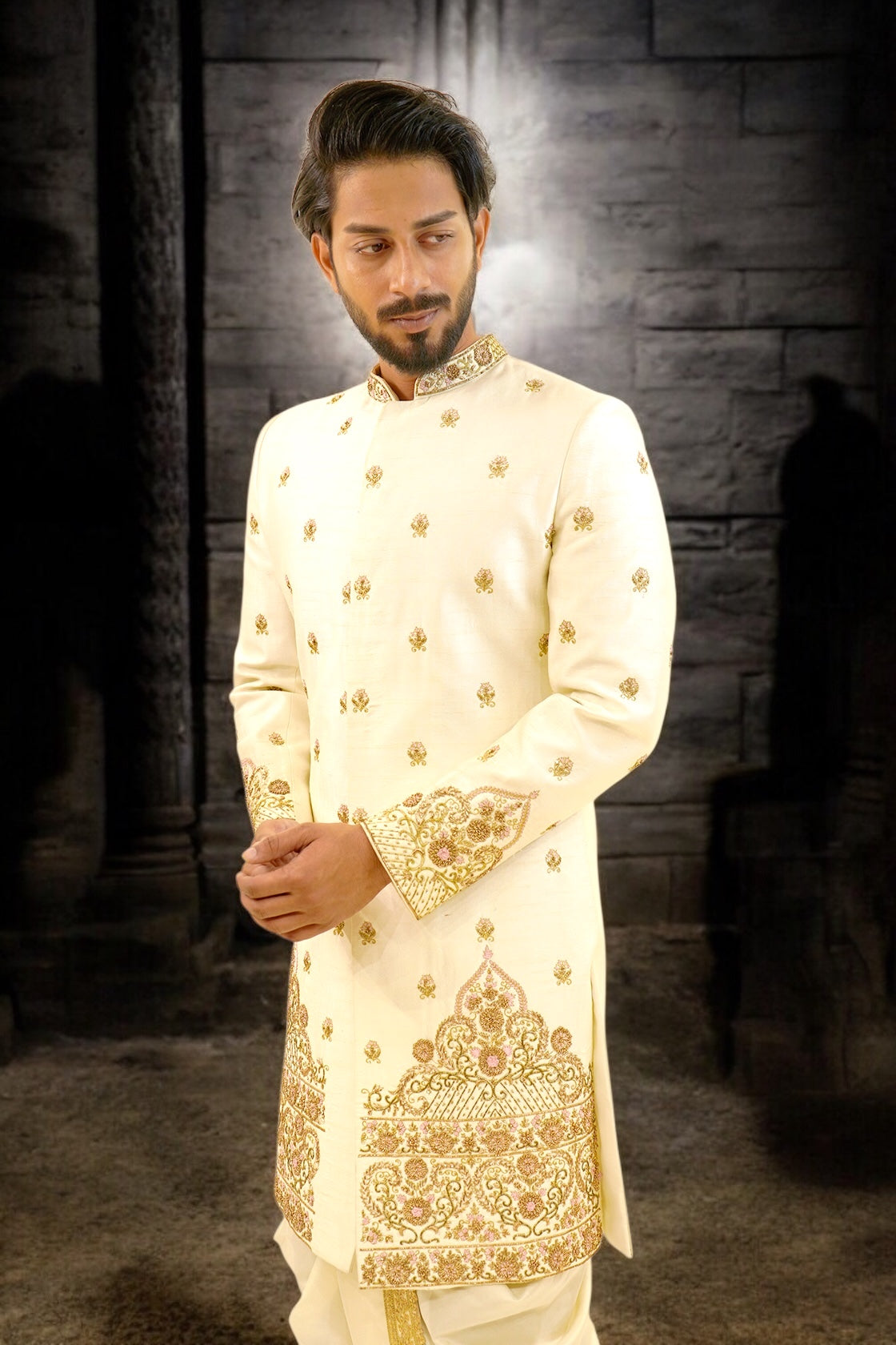 Heavy hem work Sherwani with bootas