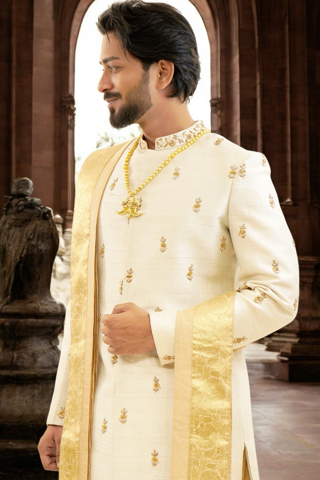 Pure raw silk traditional sherwani with zardozi work