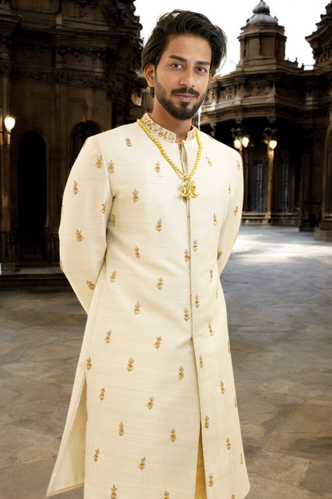 Pure raw silk traditional sherwani with zardozi work