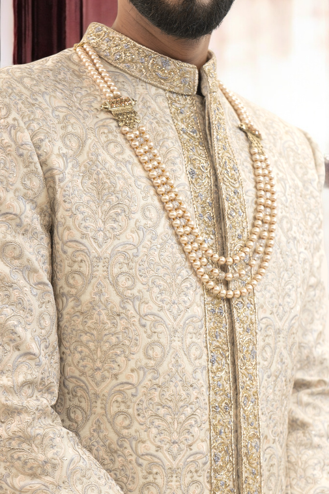 Self Embroided Sherwani With Hand Highlighted Placket Work