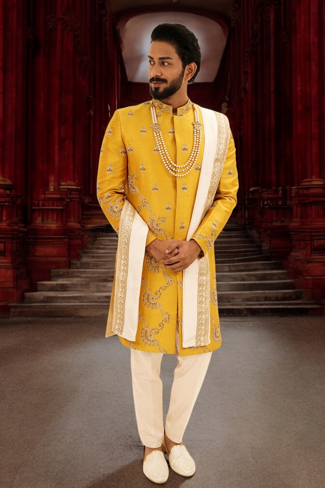Mustard Yellow Pure Raw Silk Sherwani Set with Zardosi Butta Work