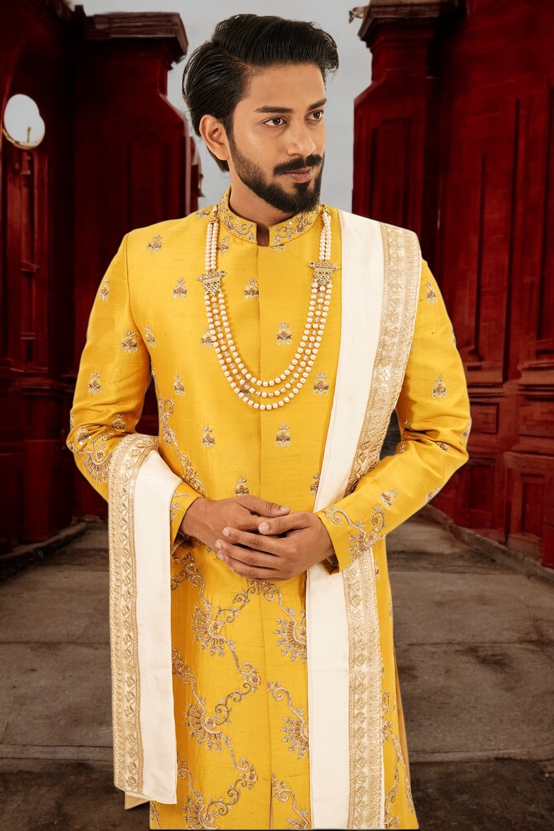 Mustard Yellow Pure Raw Silk Sherwani Set with Zardosi Butta Work