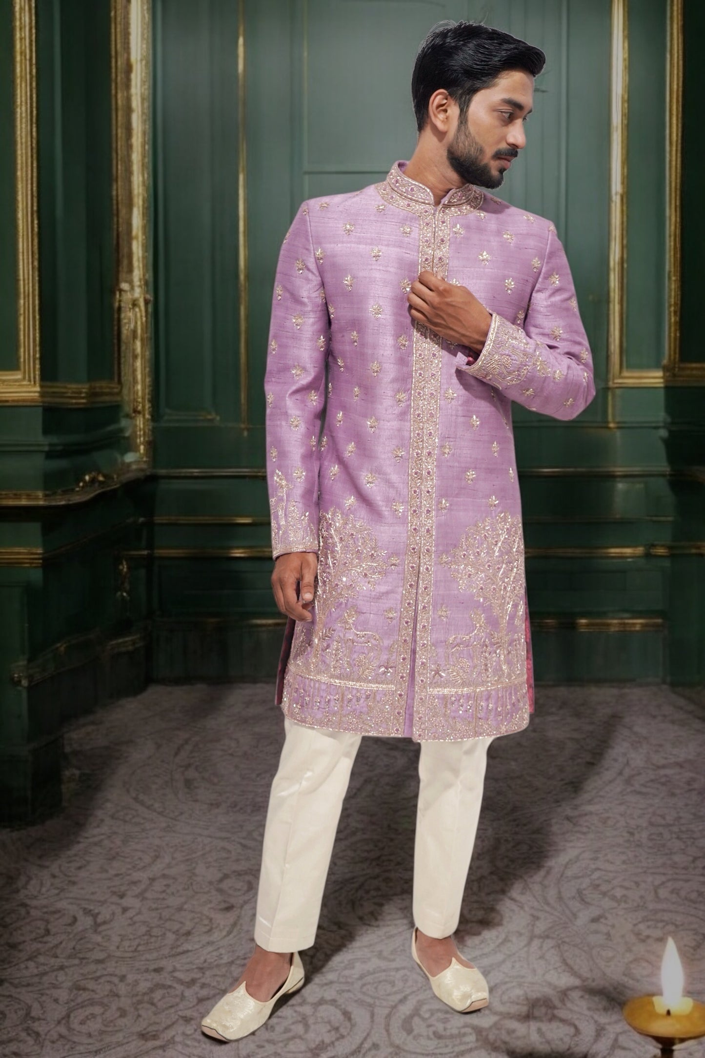 Onion pink designer embroidered sherwani