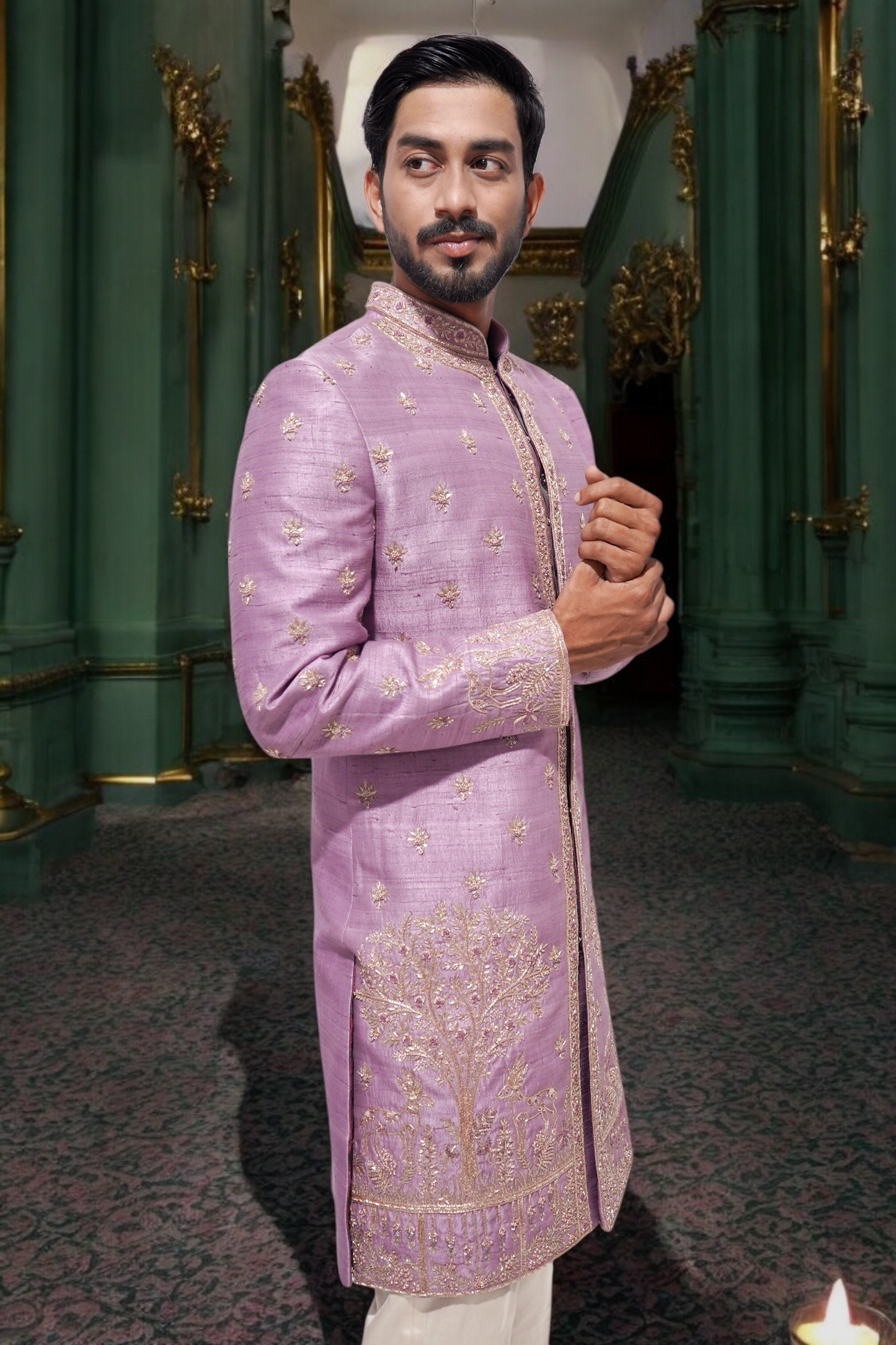 Onion pink designer embroidered sherwani