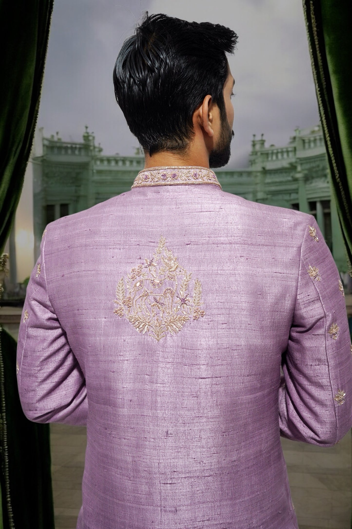 Onion pink designer embroidered sherwani