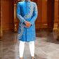 French Blue Pure Raw Silk Sherwani Set with Floral Wave Zardosi Work.