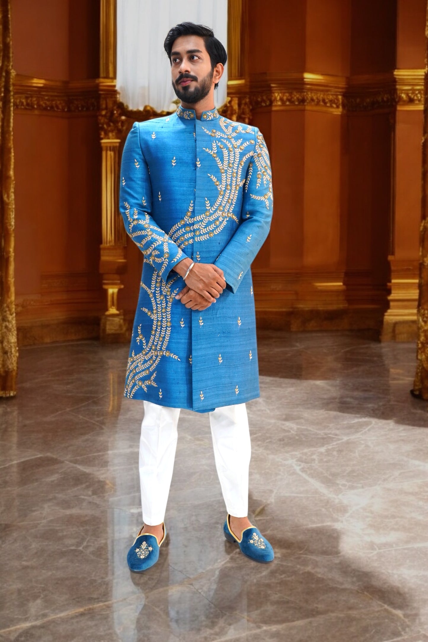 French Blue Pure Raw Silk Sherwani Set with Floral Wave Zardosi Work.
