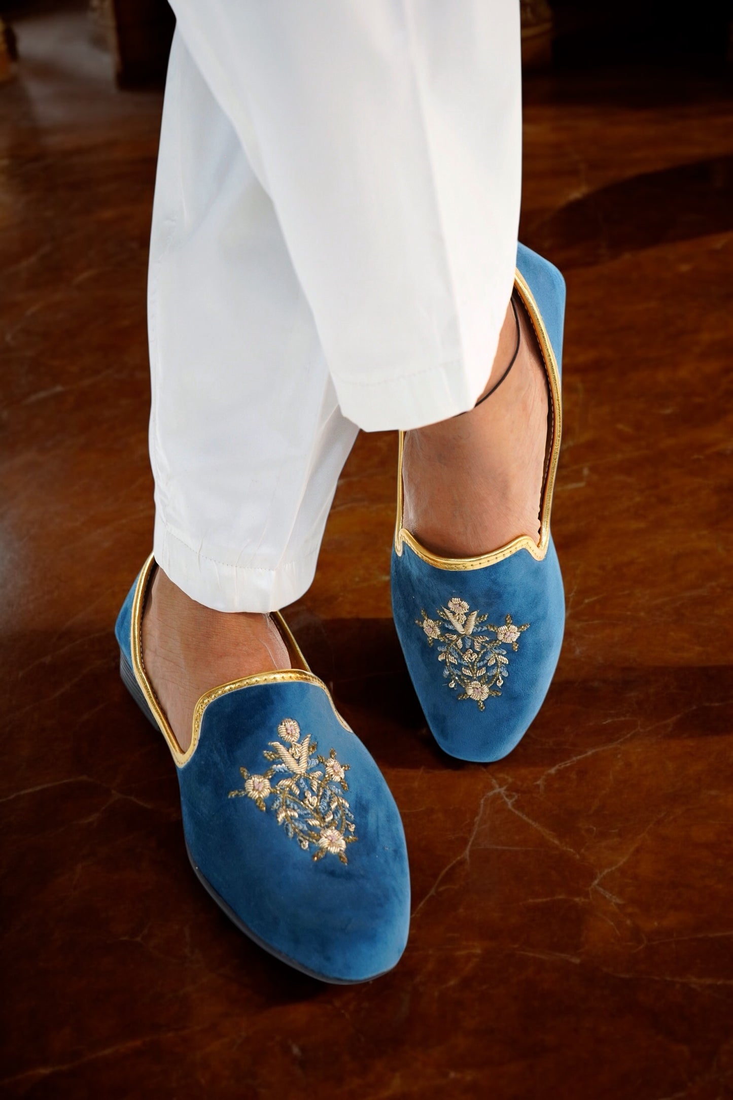 French Blue Pure Raw Silk Sherwani Set with Floral Wave Zardosi Work.