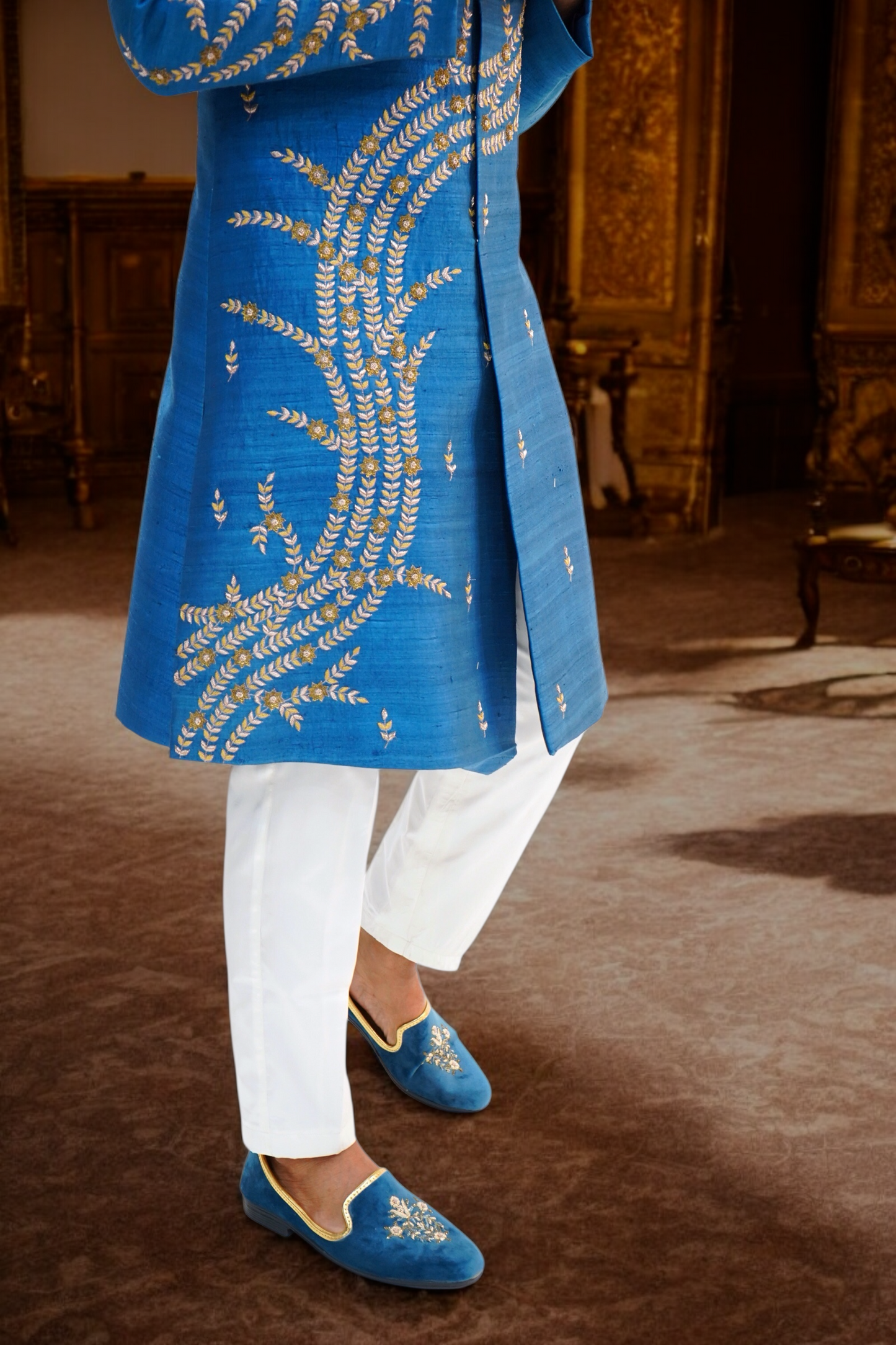 French Blue Pure Raw Silk Sherwani Set with Floral Wave Zardosi Work.