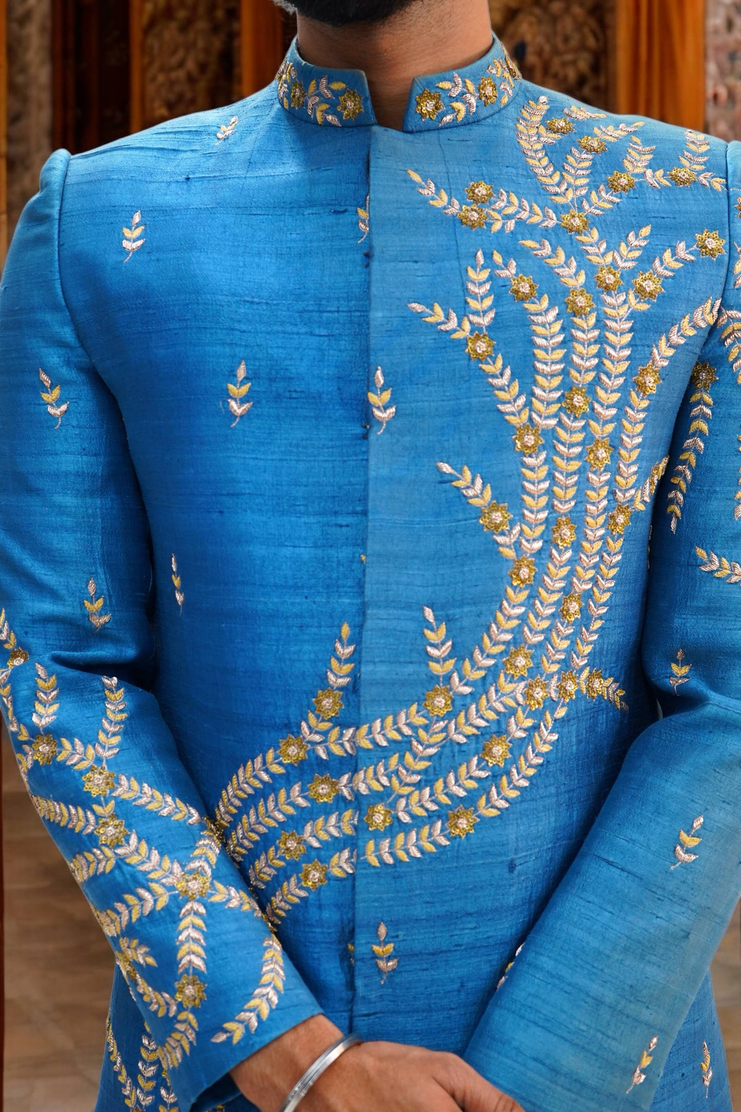 French Blue Pure Raw Silk Sherwani Set with Floral Wave Zardosi Work.
