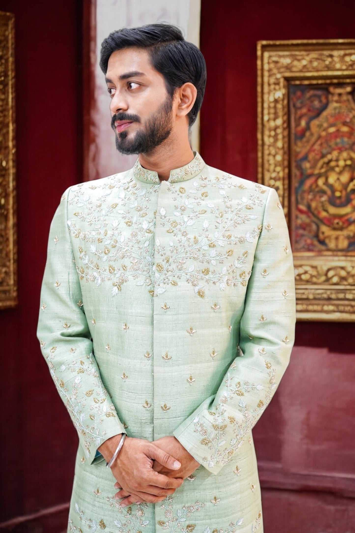 Green colour embroidered designer sherwani