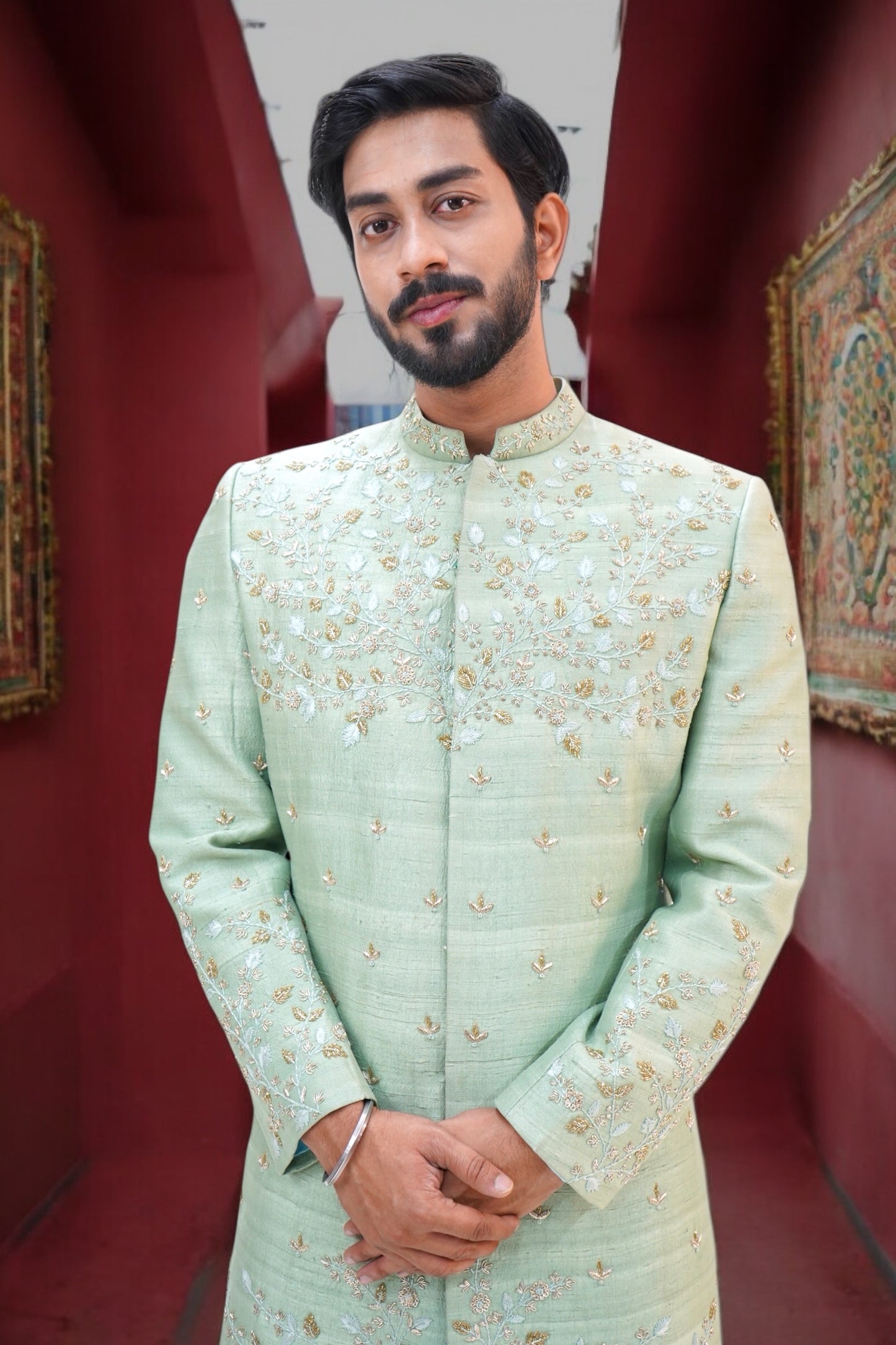 Green colour embroidered designer sherwani
