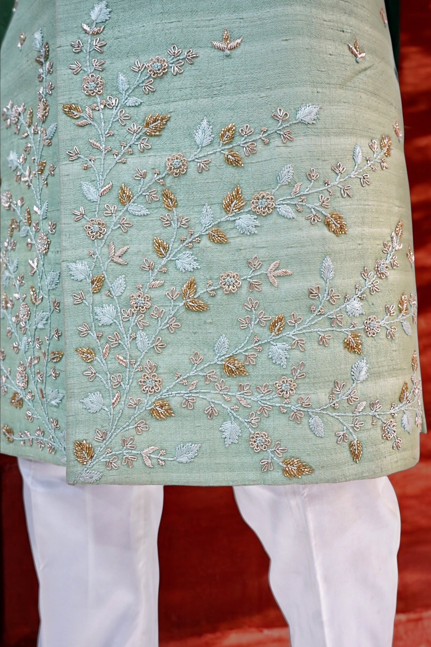 Green colour embroidered designer sherwani