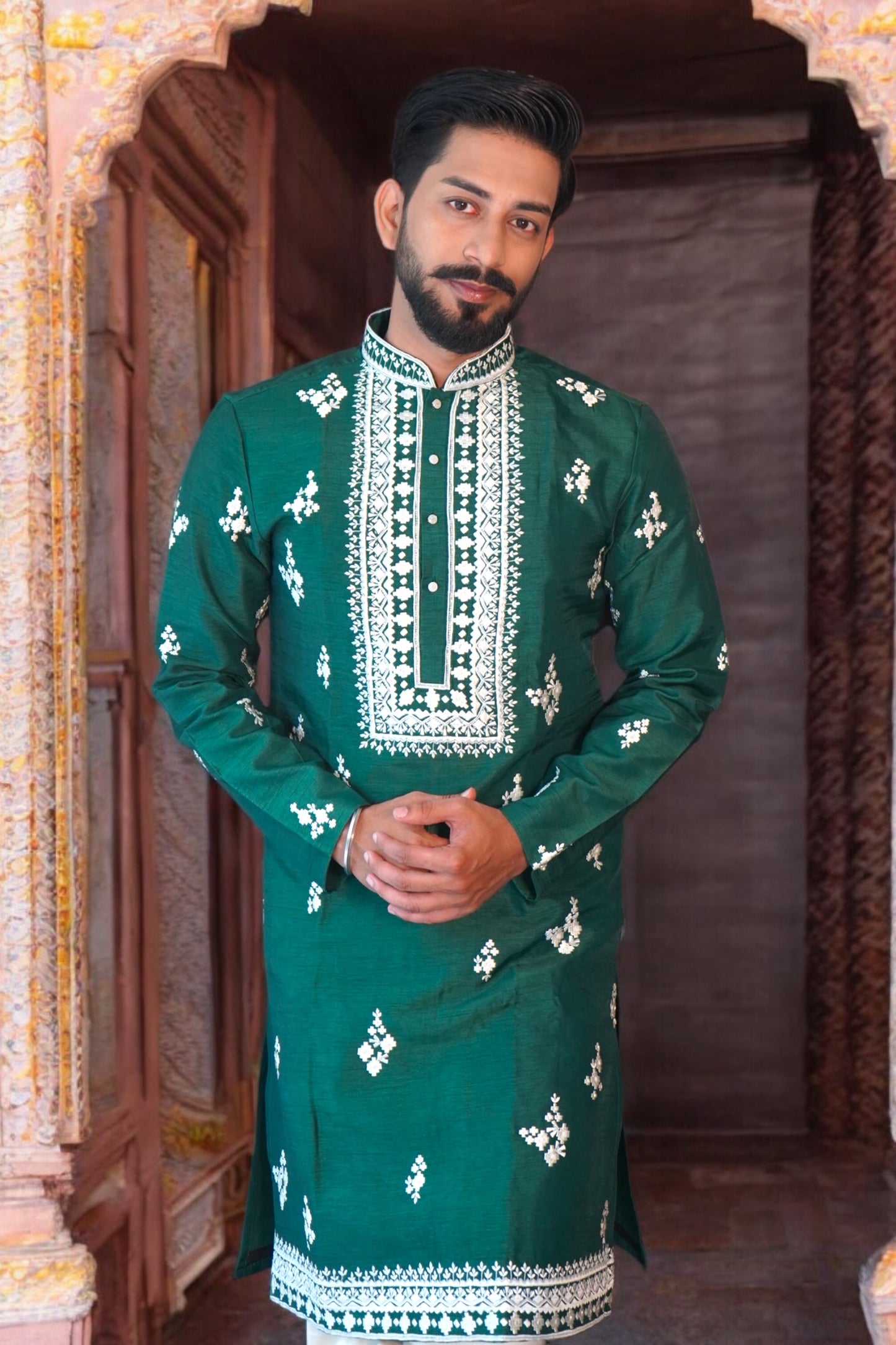 Bottle Green Embroidered Kurta