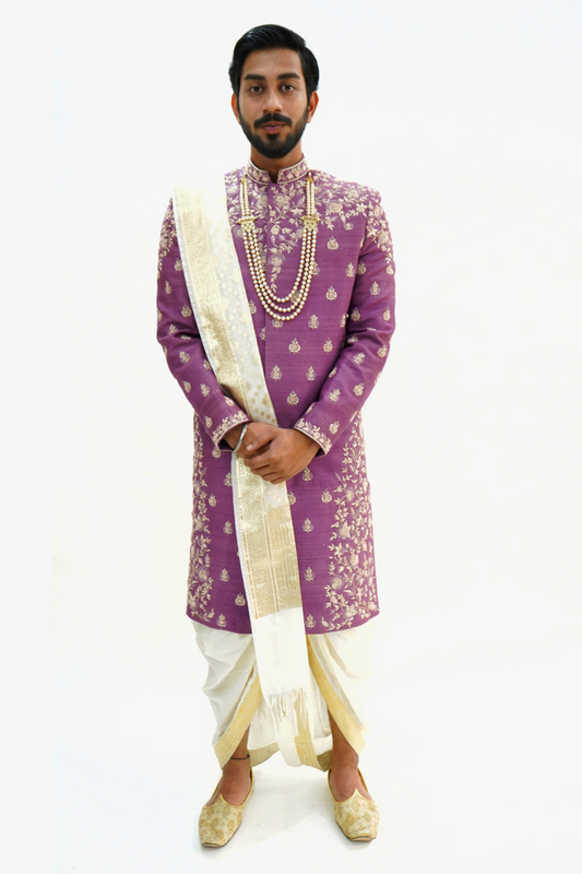 Plum Pure Raw Silk Sherwani Set With Floral Intricate Zardosi Work.