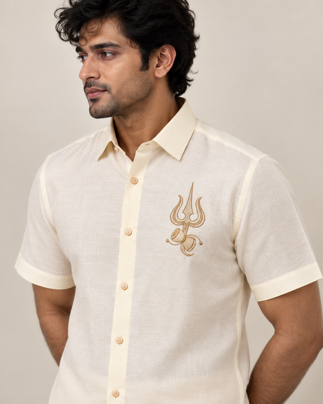 Ivory Trishul Motif Pattu shirt (Divine Legacy)