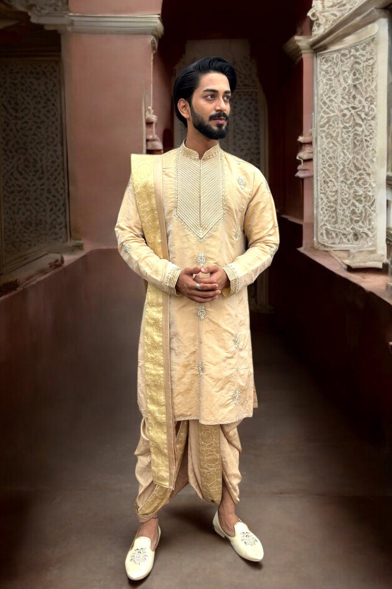 Men’s Royal Gold Sherwani Set with Dhoti & Dupatta – Premium Wedding & Festive Ethnic Wear