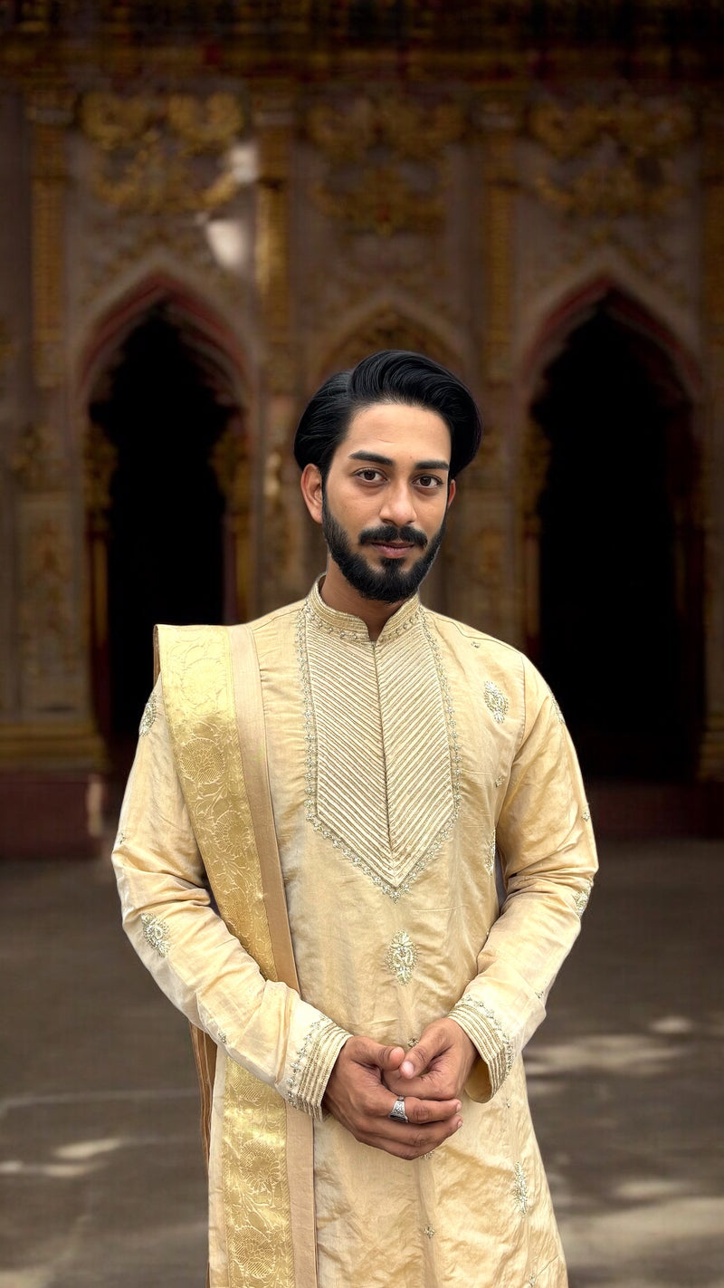 Men’s Royal Gold Sherwani Set with Dhoti & Dupatta – Premium Wedding & Festive Ethnic Wear