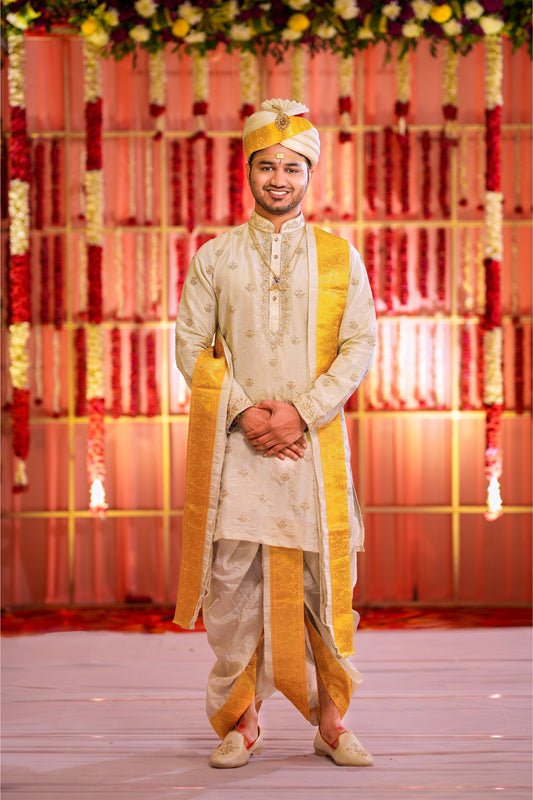Silver tissue Pattu Pancha set with Zardosi work