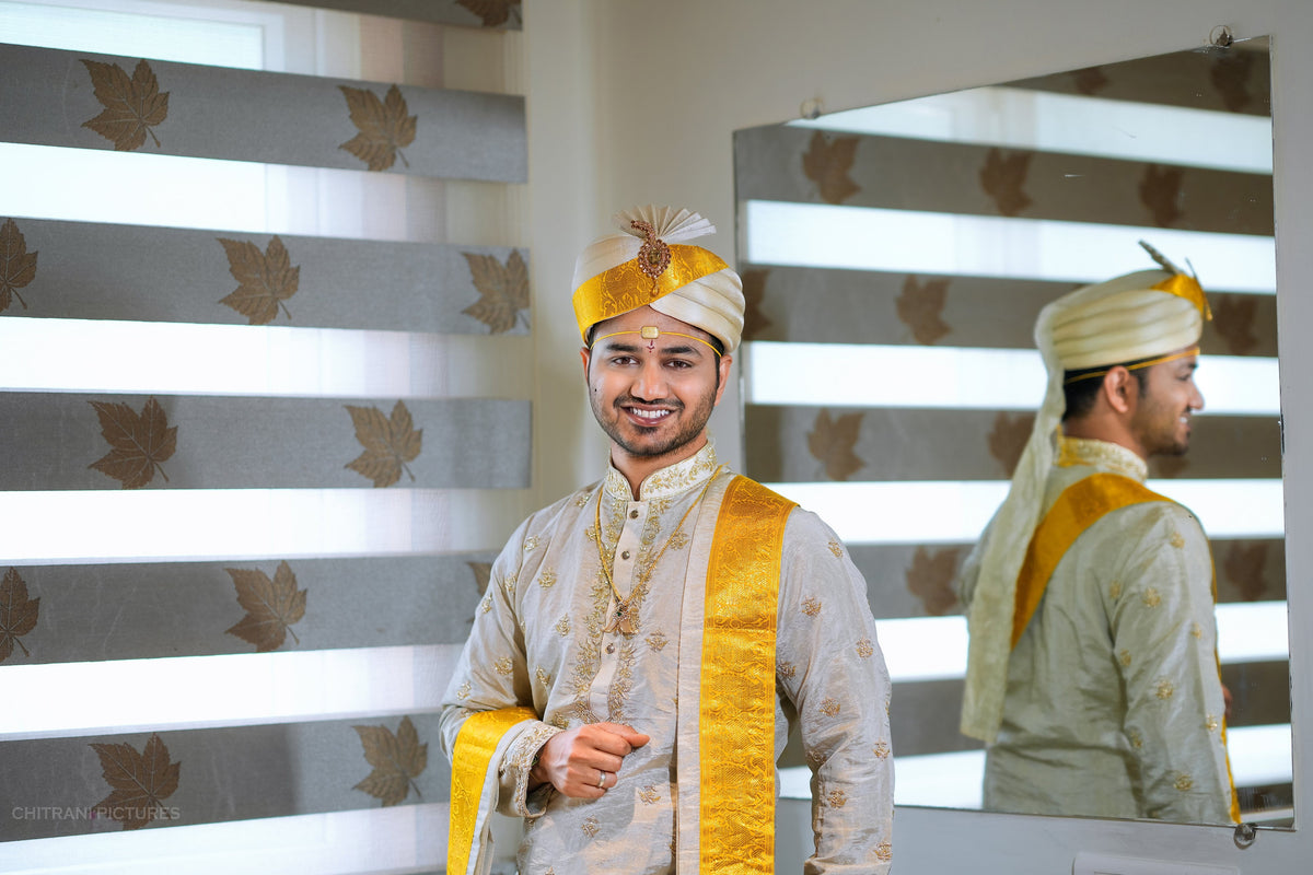 Silver tissue Pattu Pancha set with Zardosi work