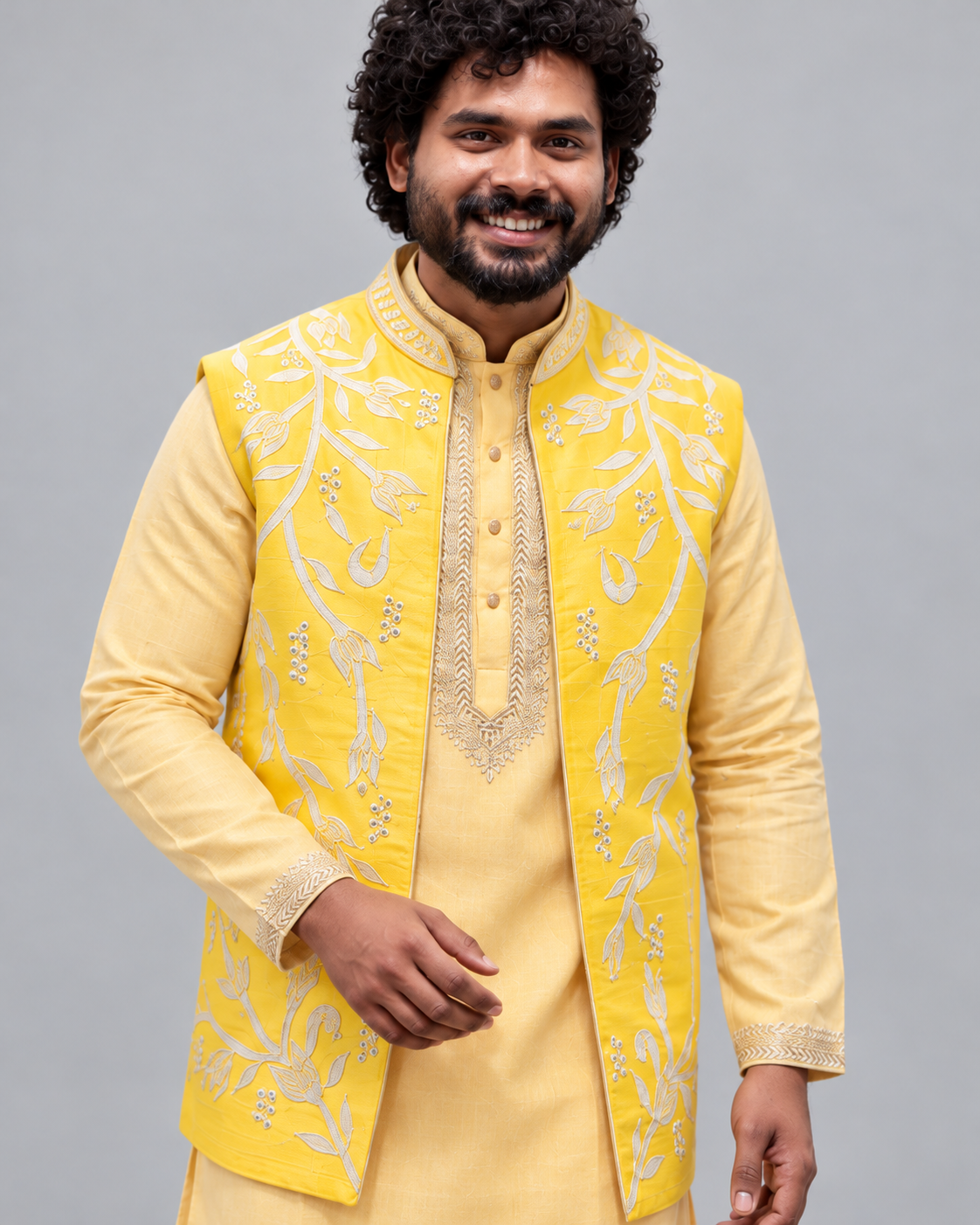 Lemon Yellow Floral Embroidered Nehru Jacket
