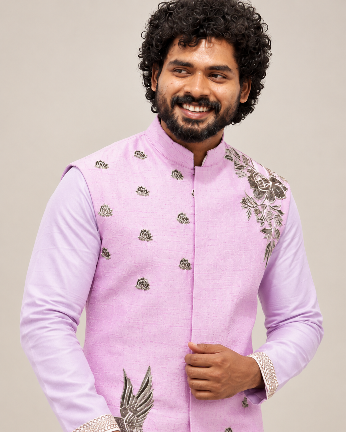 Pastel Pink Zardozi Embroidered Nehru Jacket