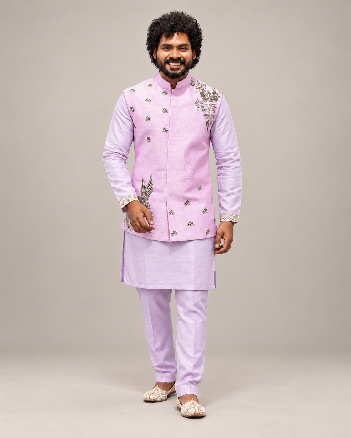 Pastel Pink Zardozi Embroidered Nehru Jacket