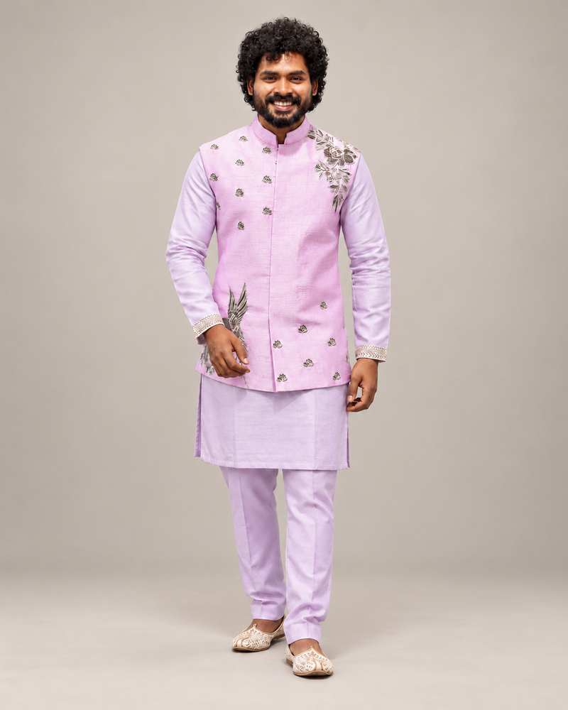 Pastel Pink Zardozi Embroidered Nehru Jacket