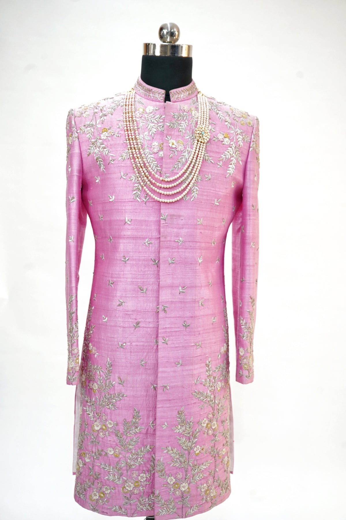 Medium pink silver and gold zardozi work sherwani