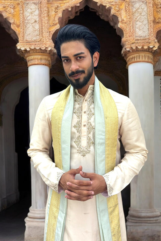 Soft Peach Habutai Kurta X Sage Green Pattu set with zardozi embroidery
