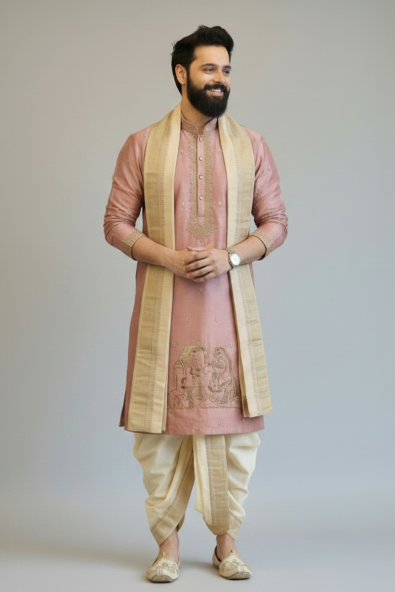 Peach Embroidered Kurta Dhoti Set for Men with Stole – Traditional Wedding & Ethnic Wear