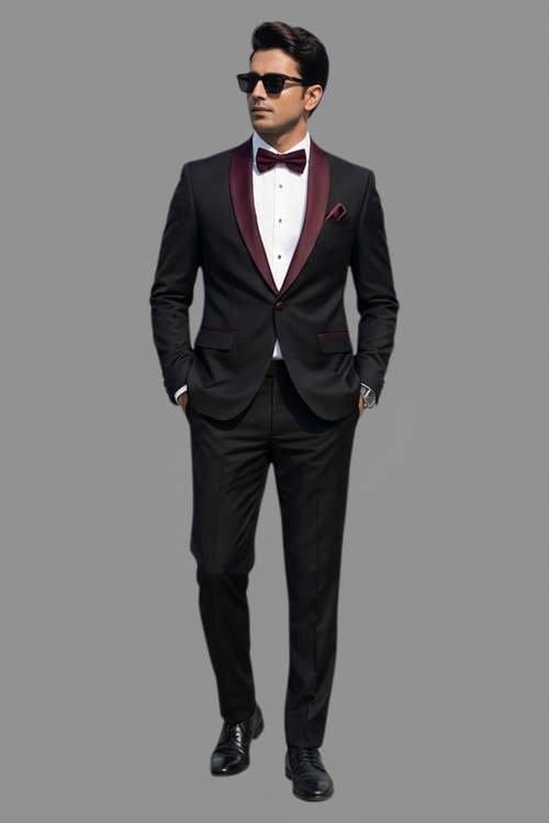 Black & Maroon 3-Piece Tuxedo Suit for Men – Slim Fit Satin Lapel Wedding & Party Wear