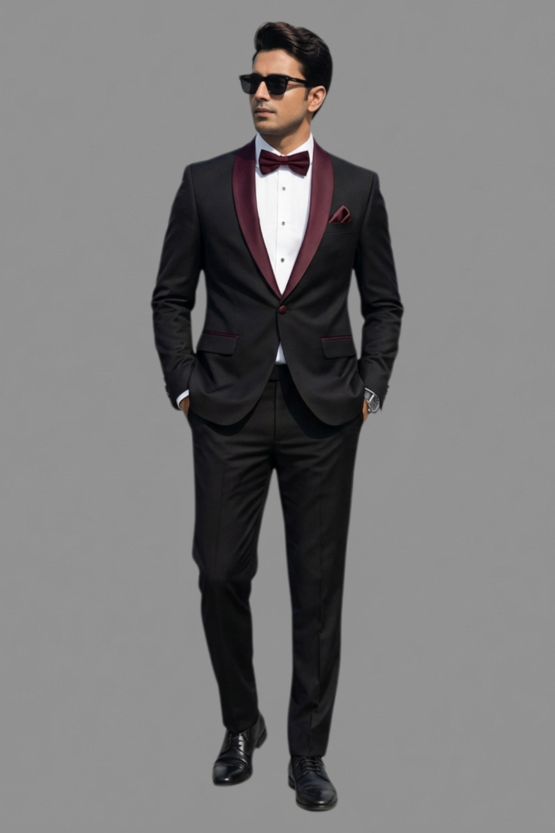Black & Maroon 3-Piece Tuxedo Suit for Men – Slim Fit Satin Lapel Wedding & Party Wear
