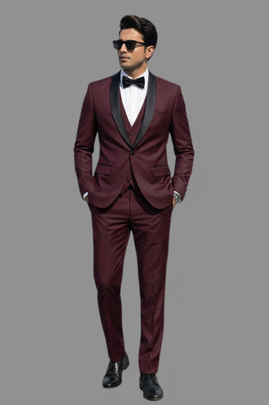 Elegant Wine Maroon 3-Piece Tuxedo Suit for Men – Slim Fit Satin Lapel Wedding Suit