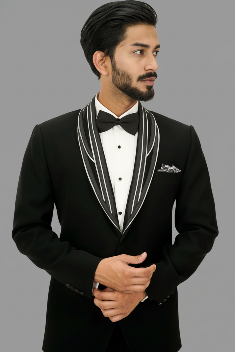 Black Designer Tuxedo Suit with Contrast Shawl Lapel