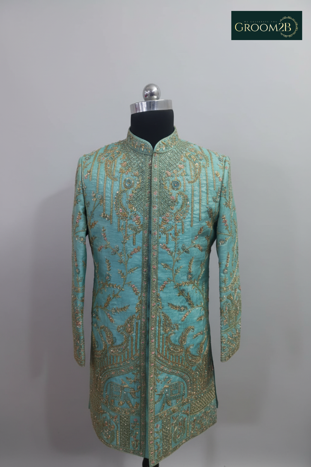 Men’s Sea Green Heavy Embroidered Sherwani Set – Royal Designer Wedding Wear