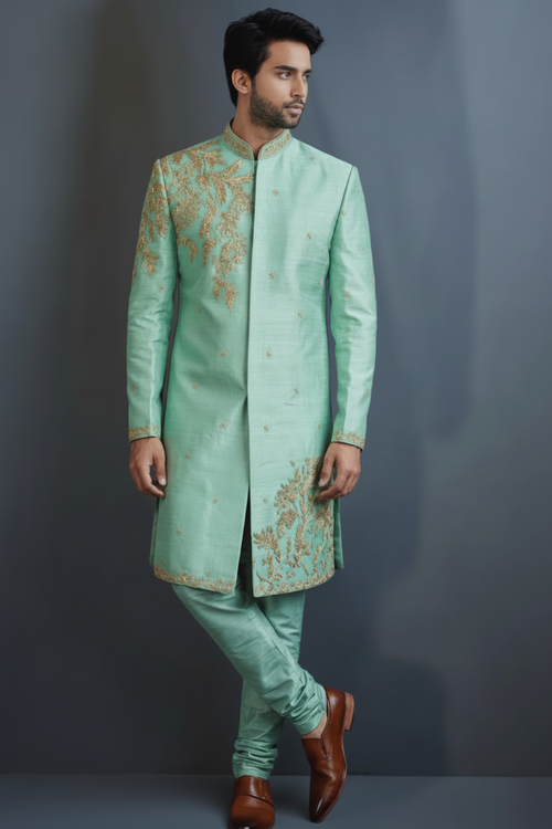 Mint Green Embroidered Sherwani for Men – Designer Wedding & Festive Wear