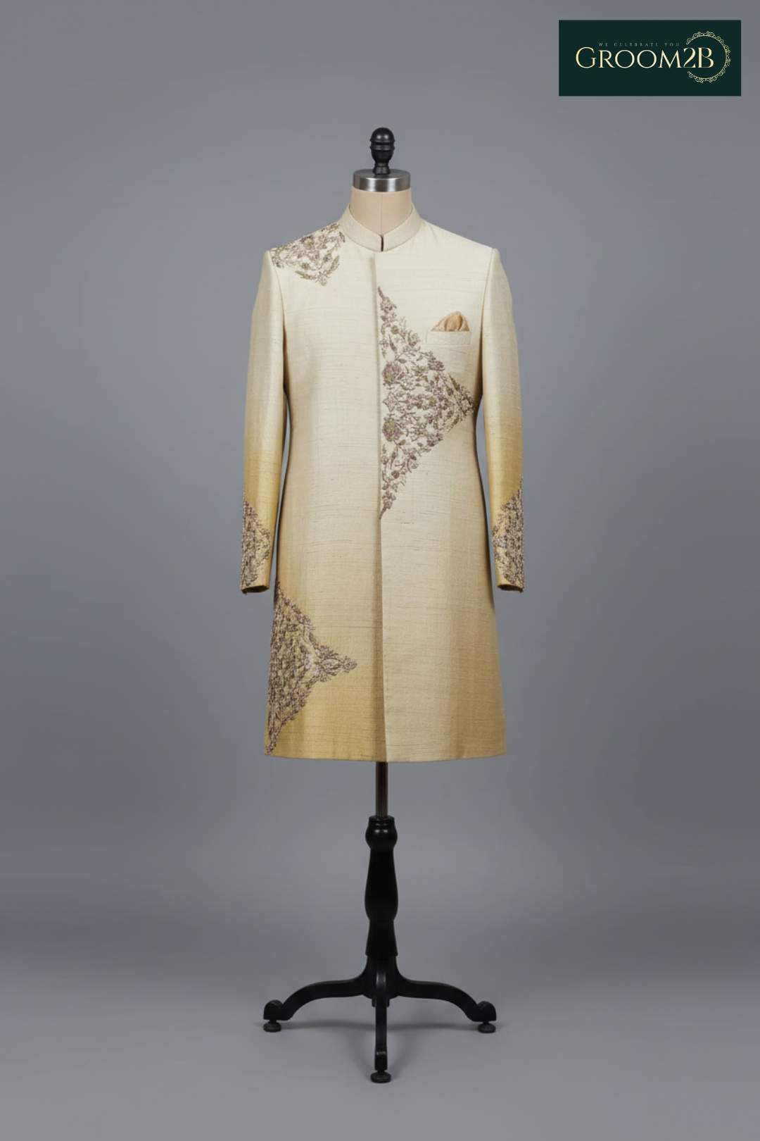 Men’s Beige Embroidered Sherwani Set – Luxury Indo-Western Wedding Outfit