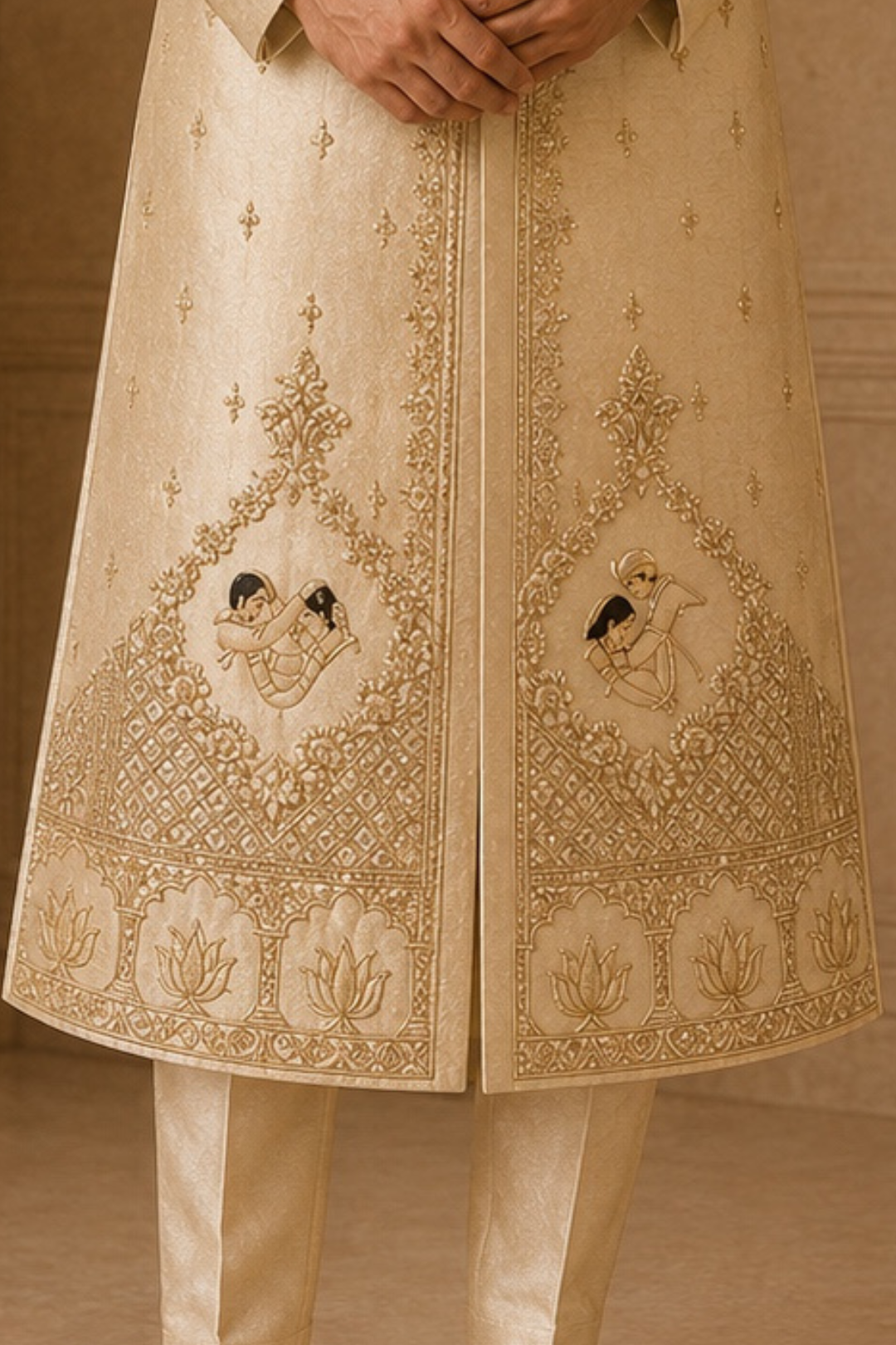 Luxury Ivory Wedding Sherwani for Groom with Muhurtham desgin of Bride and  Groom with Royal Zari Embroidery