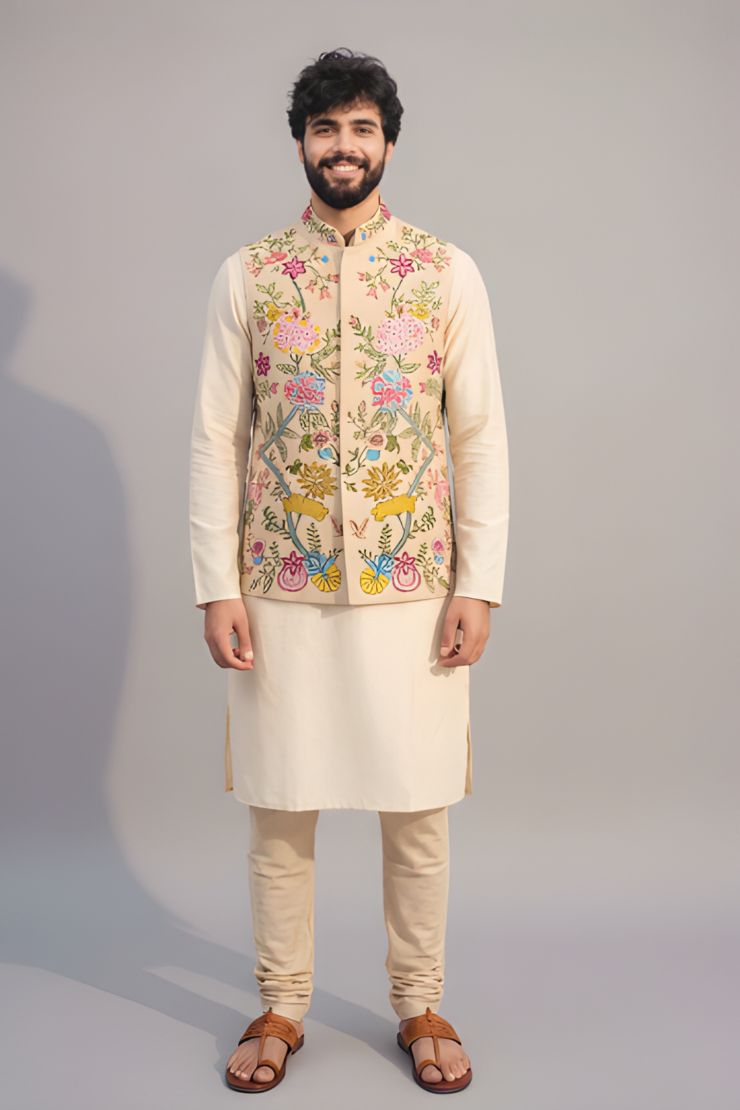 Men’s Cream Multicolor Embroidered Nehru Jacket – Designer Sadri