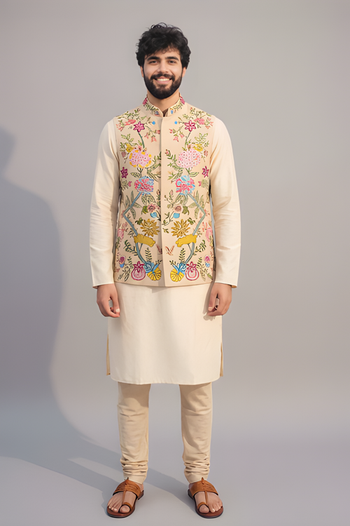 Men’s Cream Multicolor Embroidered Nehru Jacket – Designer Sadri