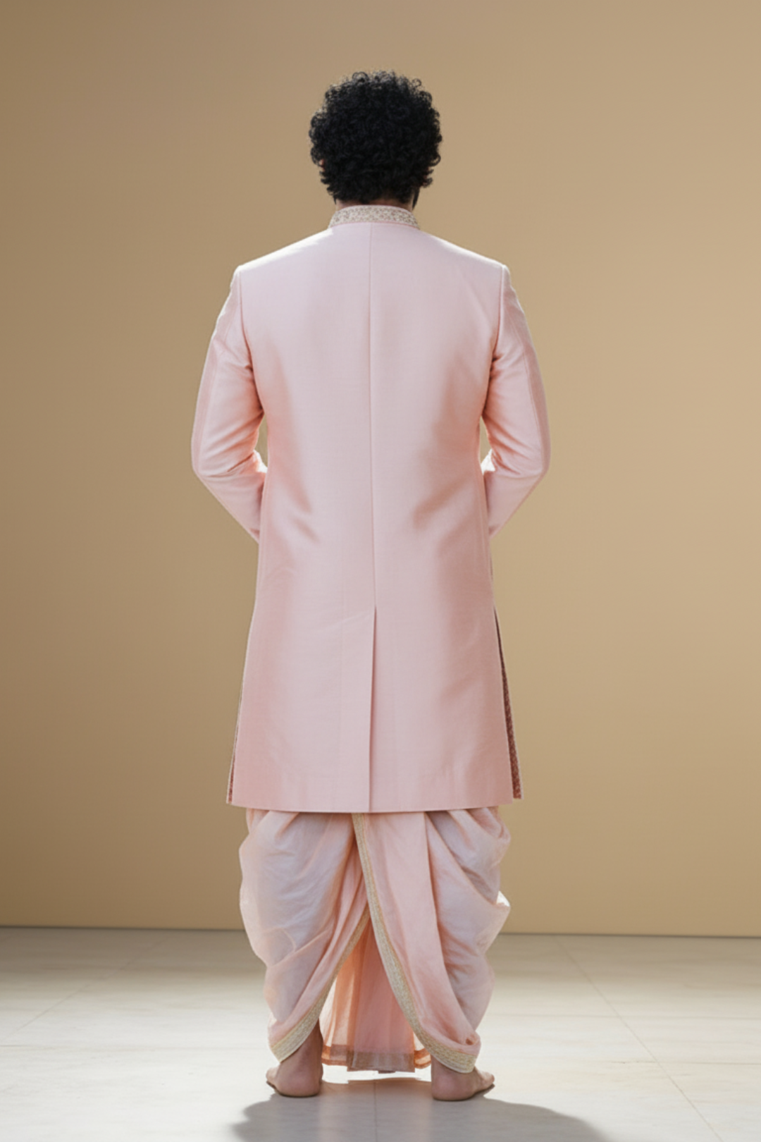 Men's Peach Wedding Sherwani with Matching Dhoti and Intricate Pelli Gold Work